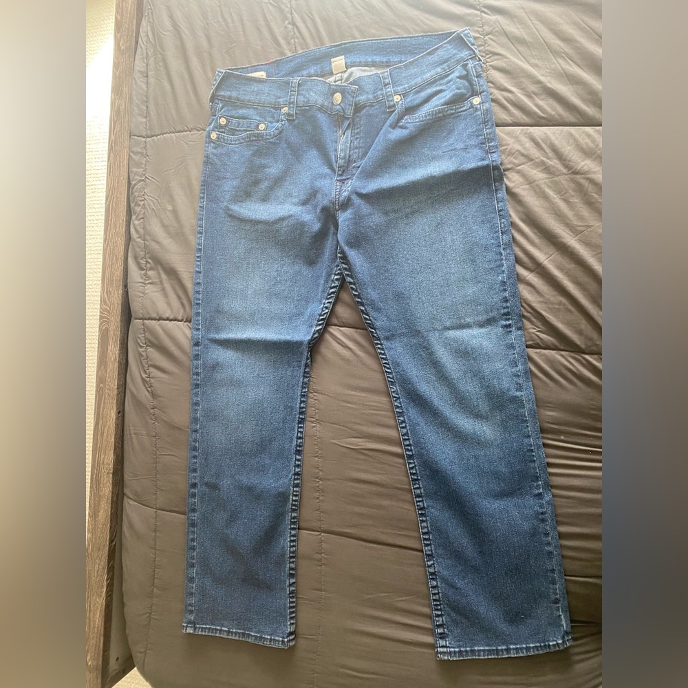 Mens True Religion Ricky Relaxed Straight Jeans, Offset Blue, Size 36